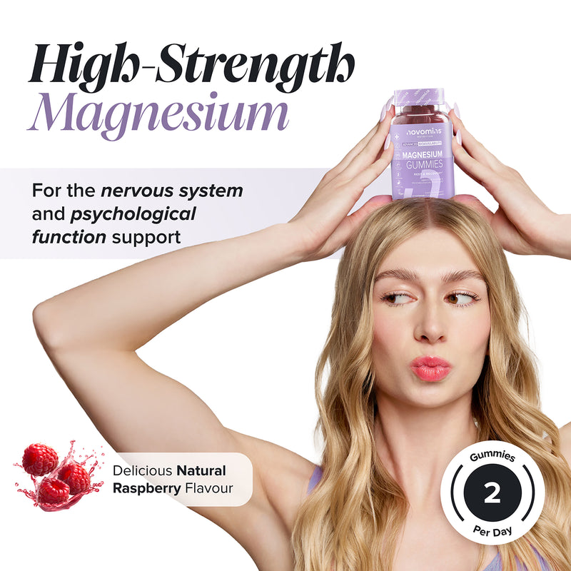 Novomins magnesium raspberry gummies 60 pack, imported from the UK