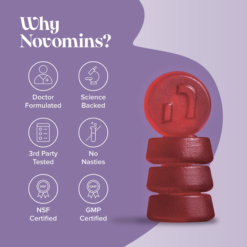 Novomins magnesium raspberry gummies 60 pack, imported from the UK
