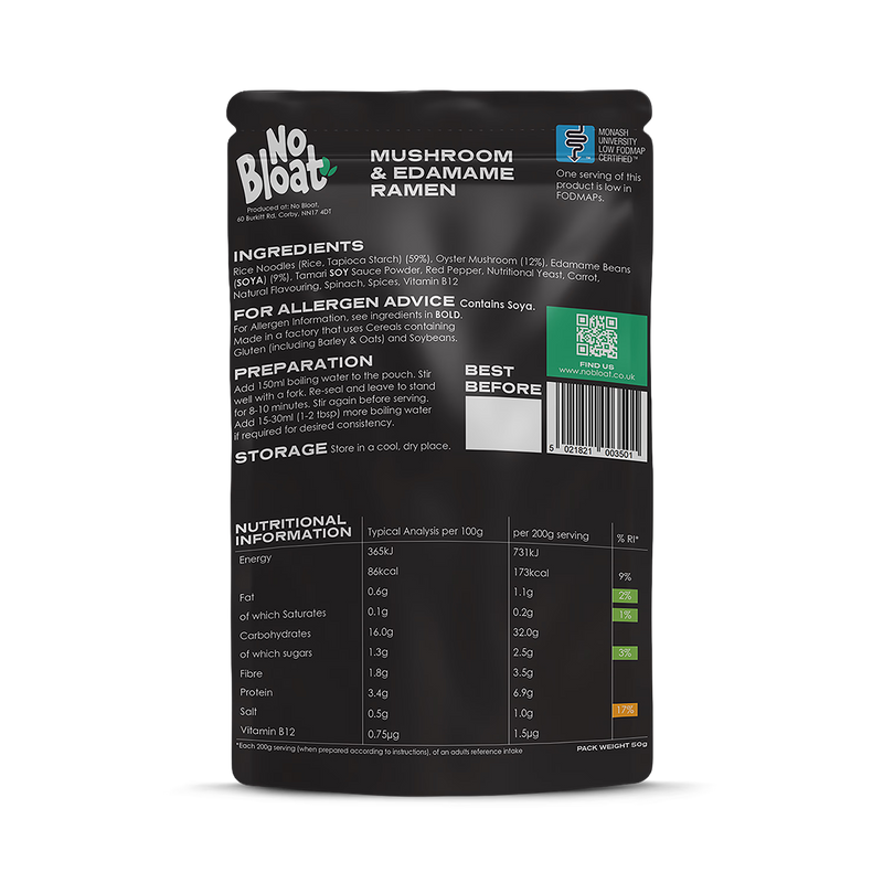 No Bloat Mushroom & Edamame Ramen pouches 4 x 50g - British product