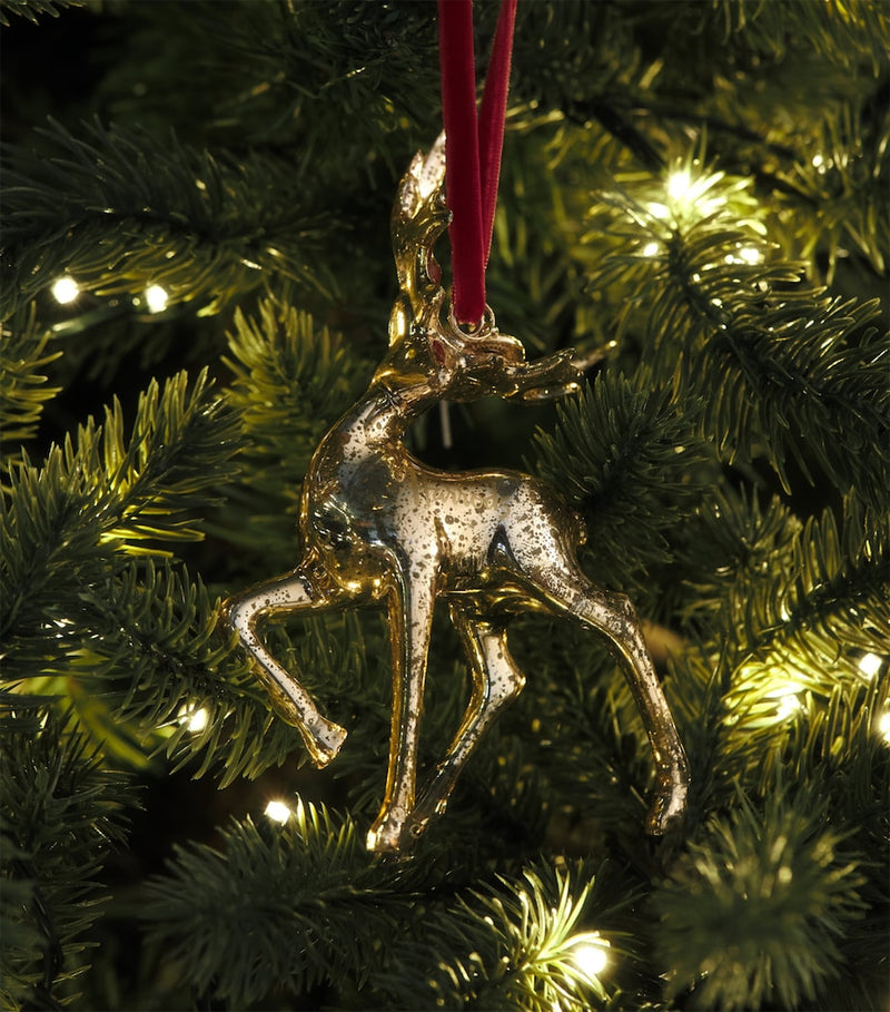 Harrods gold deer glass ornament with velvet ribbon, UK version