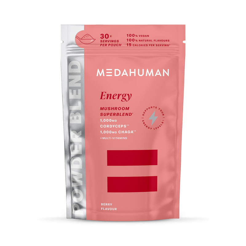 Medahuman energy mushroom superblend powder berry flavour 150g, imported from the UK