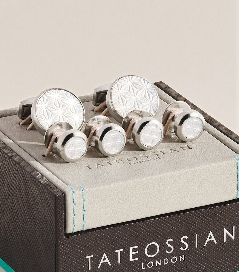 Tateossian mother-of-pearl asanoha cufflinks studs set, imported from the UK