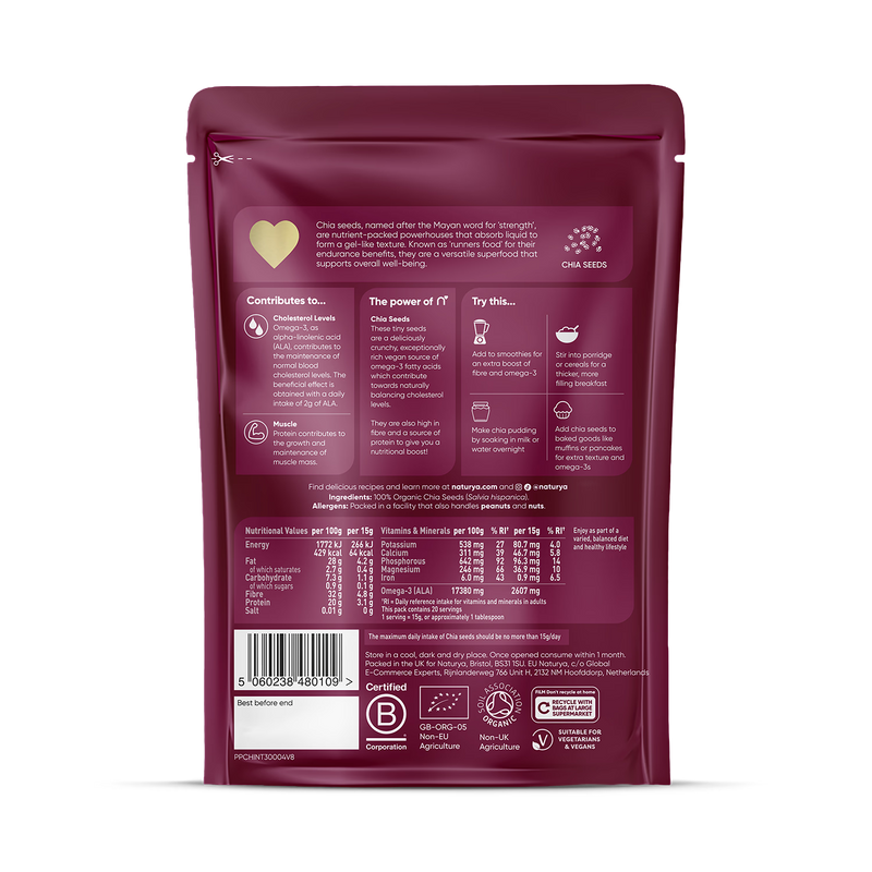 Naturya Organic Chia Seeds 300g pouch, imported from the UK