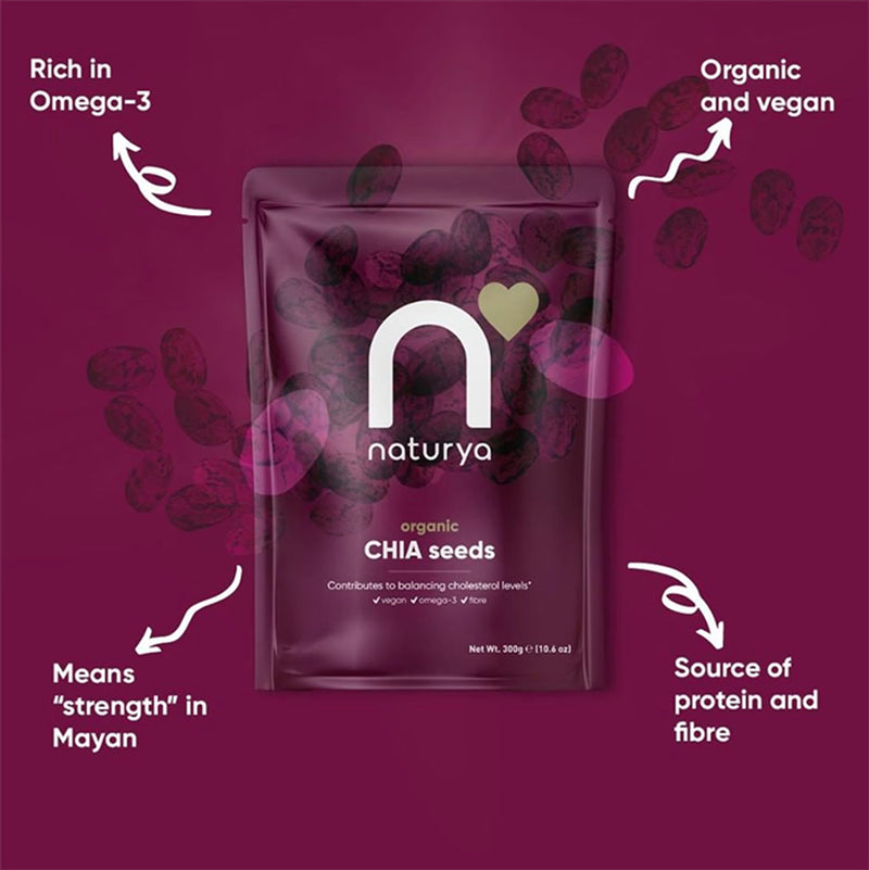 Naturya Organic Chia Seeds 300g pouch, imported from the UK