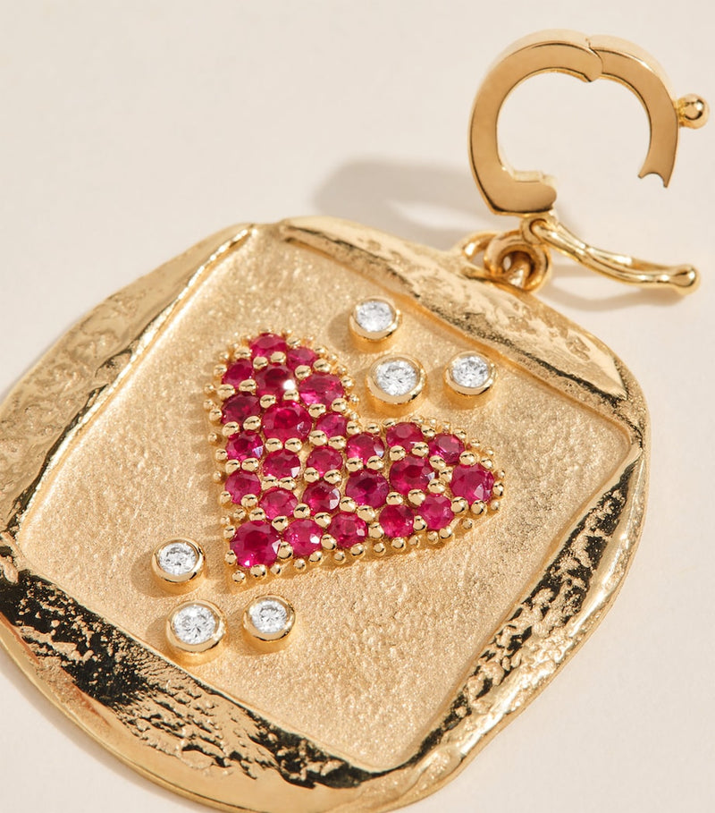 Azlee yellow gold diamond and pavé ruby coin charm - British product