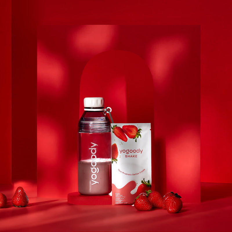 Yogoody shaker bottle with strawberry probiotic yogurt sample 30g (British brand)