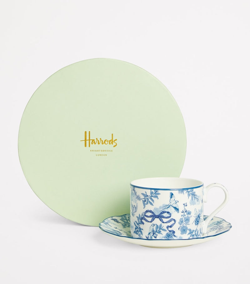 Harrods bone china toile teacup and saucer (British brand)