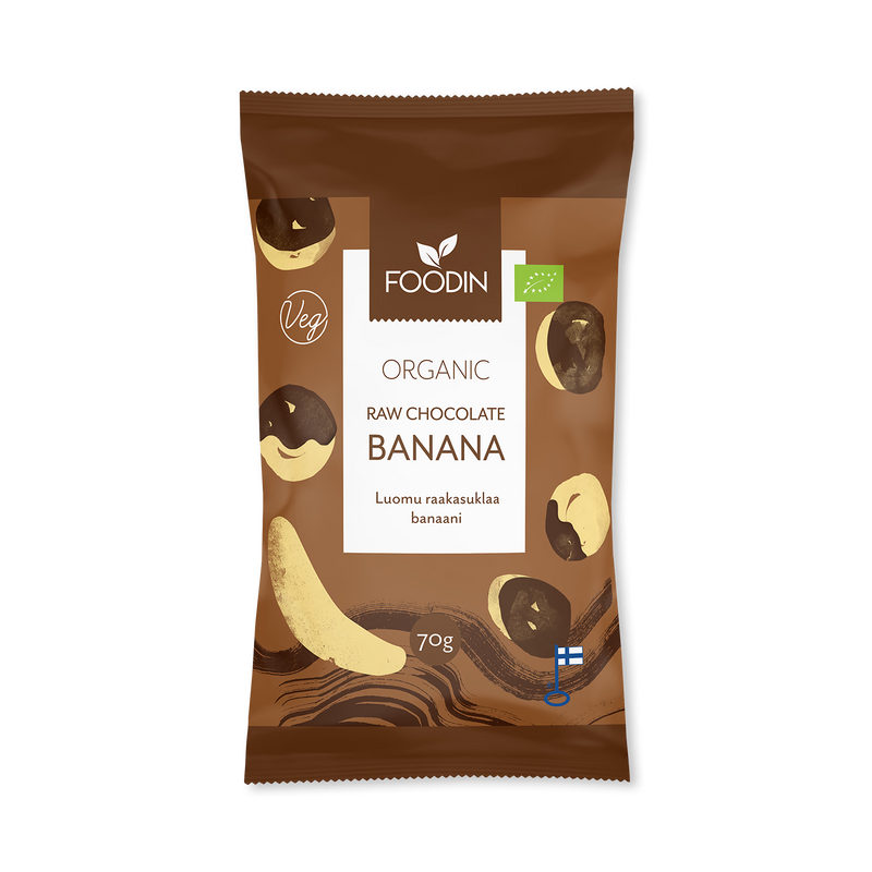 Organic raw chocolate banana pieces 8x70g, imported from the UK