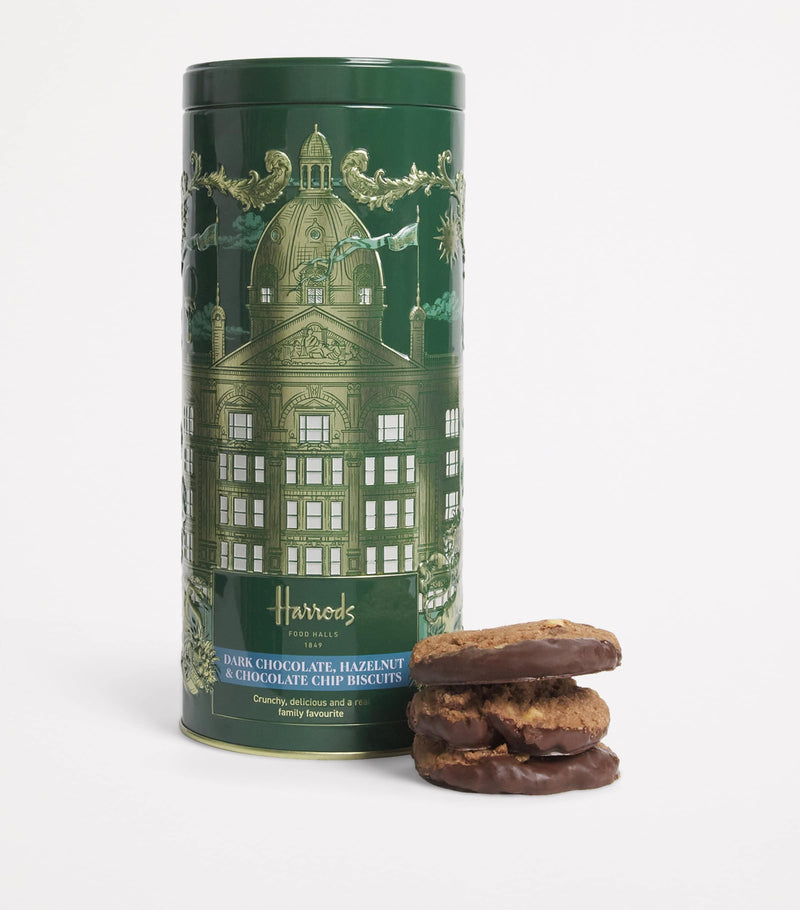 Harrods dark chocolate hazelnut chocolate chip biscuits 200g tin, UK version