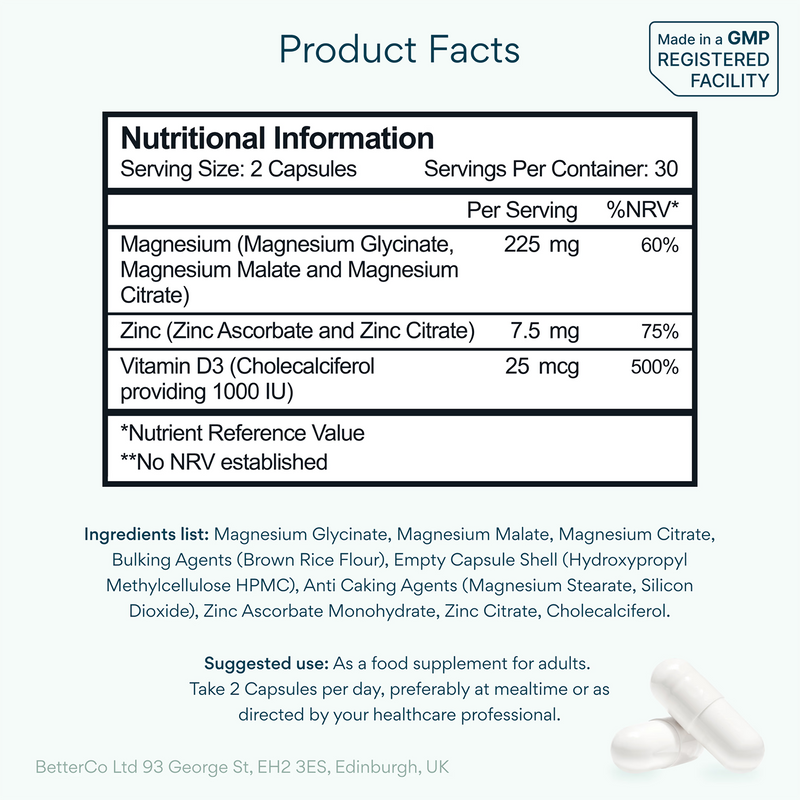 Bettervits magnesium complex with zinc and D3 60 capsules (British brand)