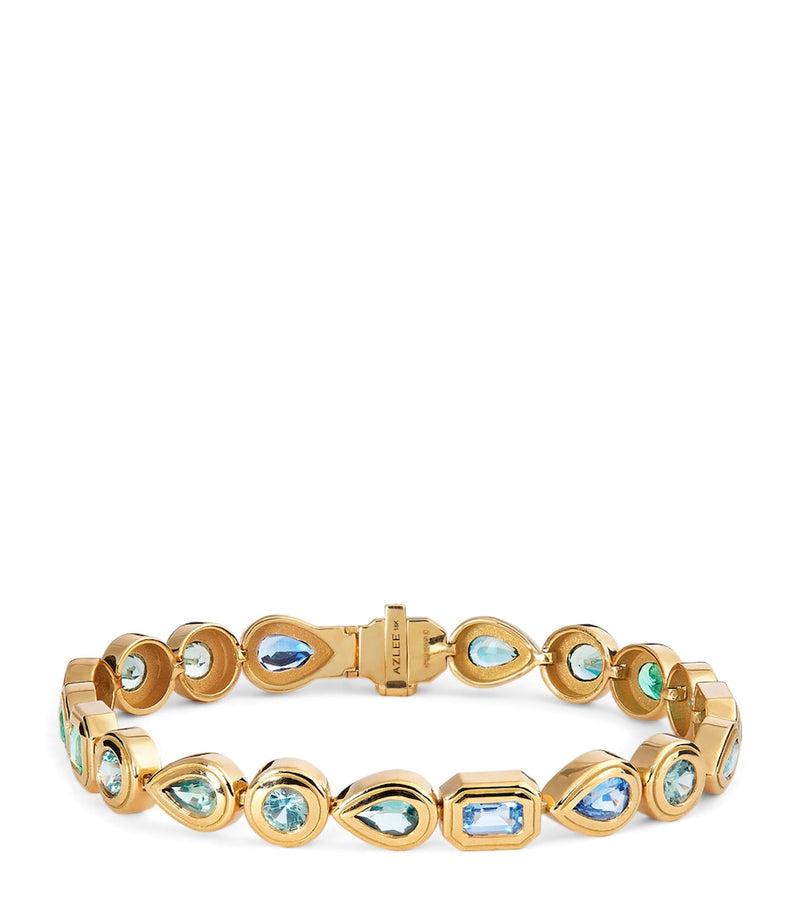Azlee yellow gold emerald sapphire staircase bracelet, UK version