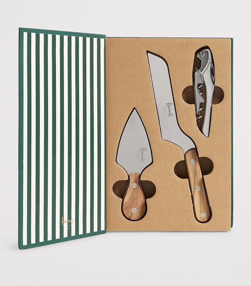 Harrods cheese and wine set with olivewood handles and stainless steel knives, UK version