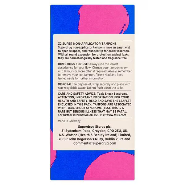 Superdrug Non Applicator Tampons 32 Pack (British brand)