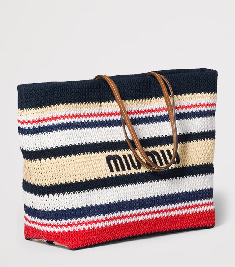 Miu Miu woven raffia-effect tote bag with logo (British brand)