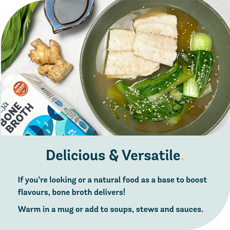 Freja sipping fish bone broth 500ml (British brand)
