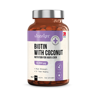 Holland & Barrett VitaBright Biotin with Coconut 12,000 mcg High Strength Biotin Supplement 400 Tablets- Buy online at McGrocer