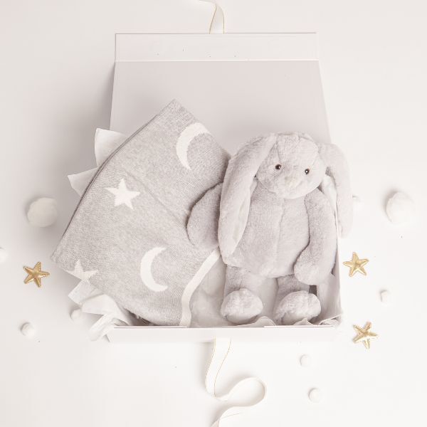 Babbico Grey Bunny Toy And Moon & Star Blanket Baby Gift Set - McGrocer