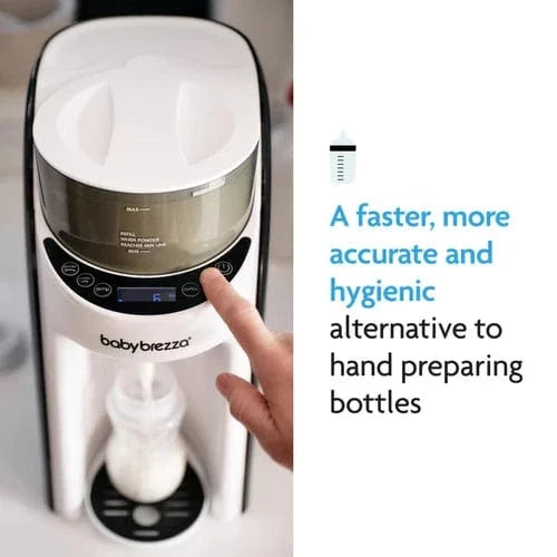 Baby Brezza formula dispenser in black and white, imported from the UK