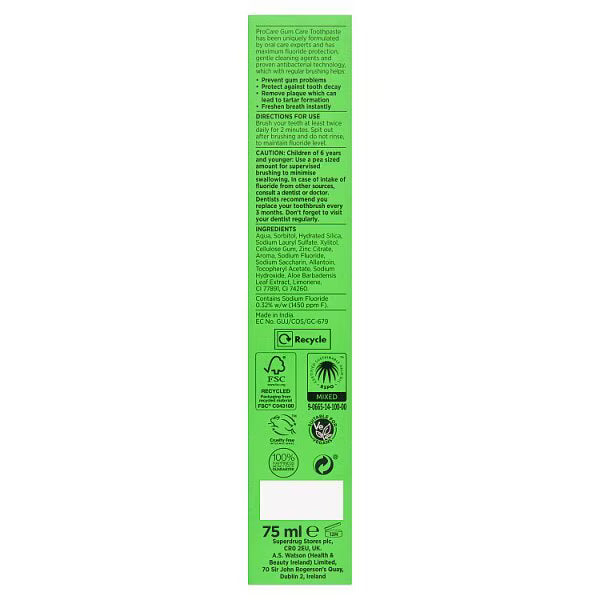 Pro Care Gum Care Toothpaste 75ml, imported from the UK