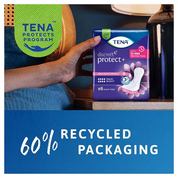 TENA Discreet Protect+ Maxi Night incontinence pad 6 pack imported from the UK