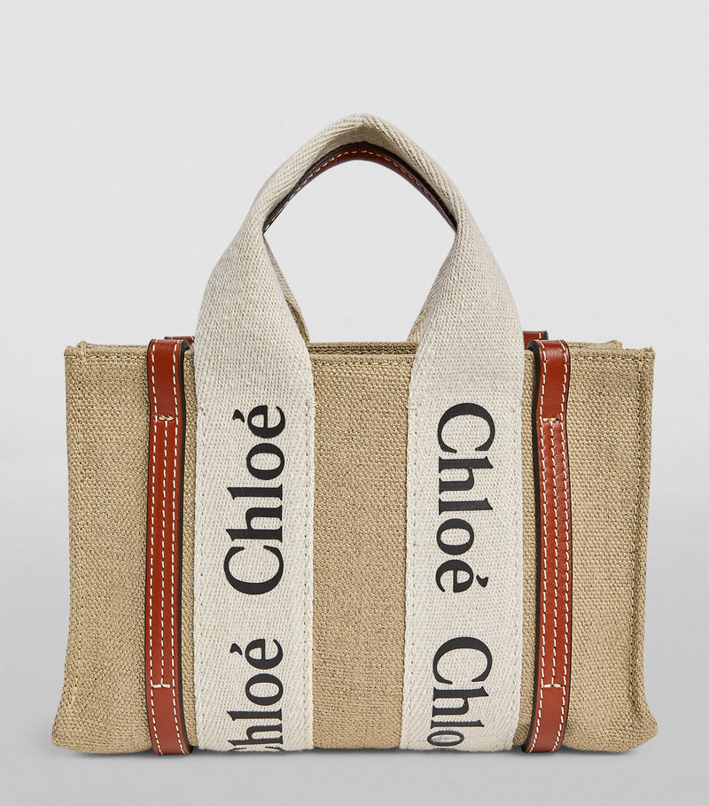 Chloé Mini Woody Tote Bag cotton canvas leather trims, imported from the UK