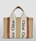Chloé Mini Woody Tote Bag cotton canvas leather trims, imported from the UK