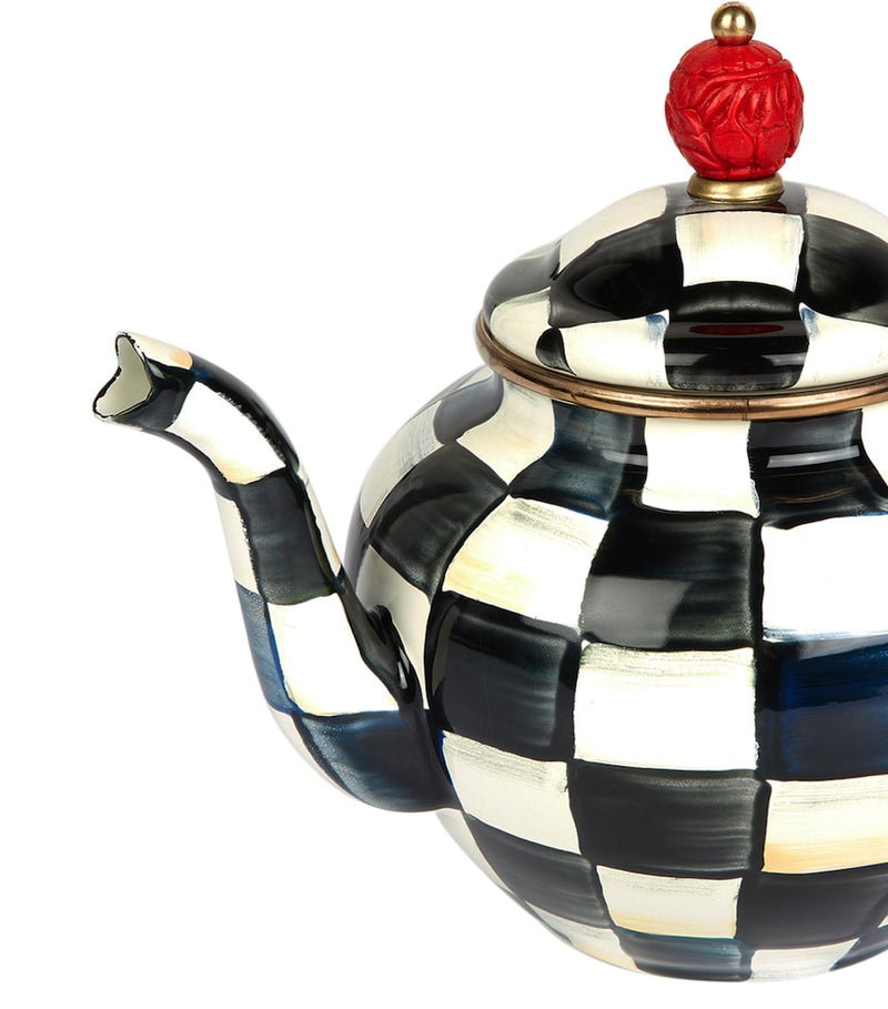 MacKenzie-Childs Courtly Check teapot with hand-painted black and white pattern, 950ml, imported from the UK