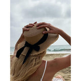 Straw hat with black ribbon bow beige - British product