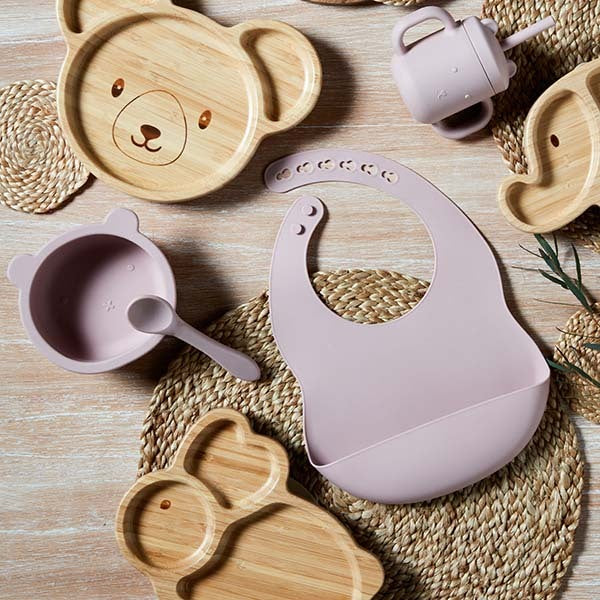 Bambino Silicone Feeding Set Bib and Spoon Pink - British product