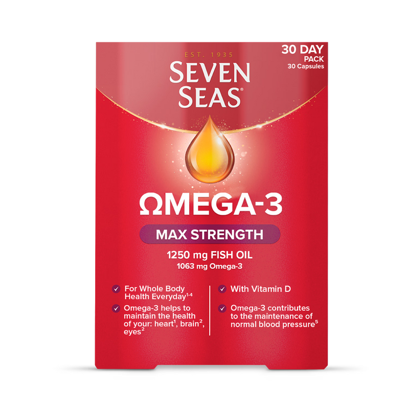 Seven Seas Omega-3 max strength 30 capsules, imported from the UK