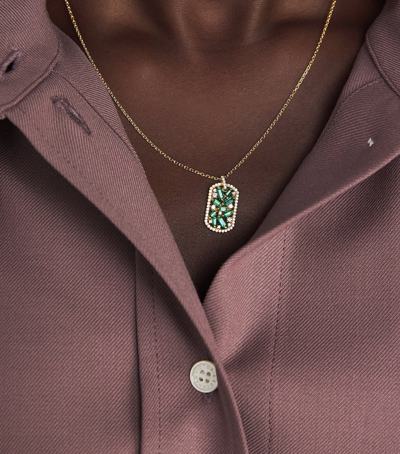 Suzanne Kalan yellow gold diamond and emerald dog tag necklace - British product