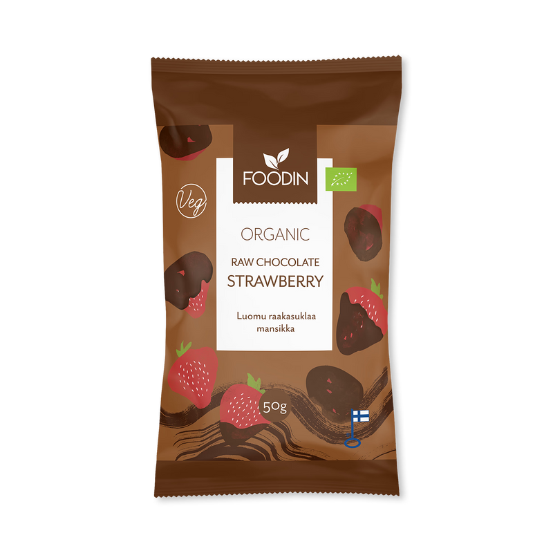 Organic raw chocolate coated strawberries 8x50g, UK version