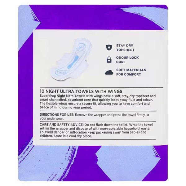 Superdrug Night Ultra Sanitary Towels with Wings 10 Pack (British brand)