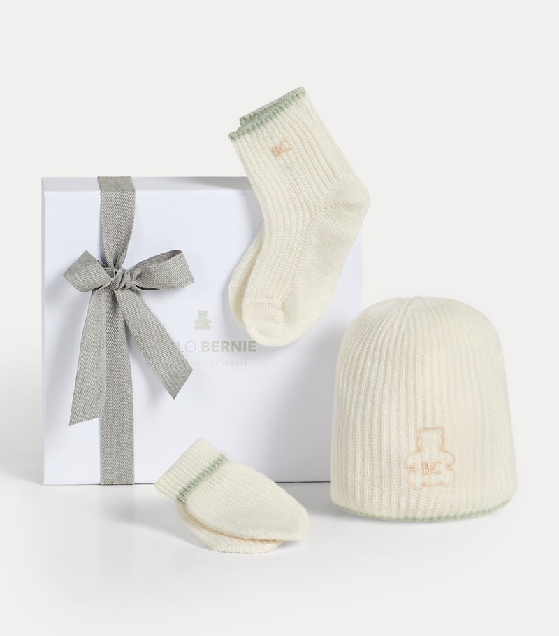 Brunello Cucinelli cashmere baby set beanie mittens socks 0-36 months, imported from the UK