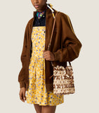 Miu Miu beaded mesh bucket bag with wood and calfskin, (British brand)