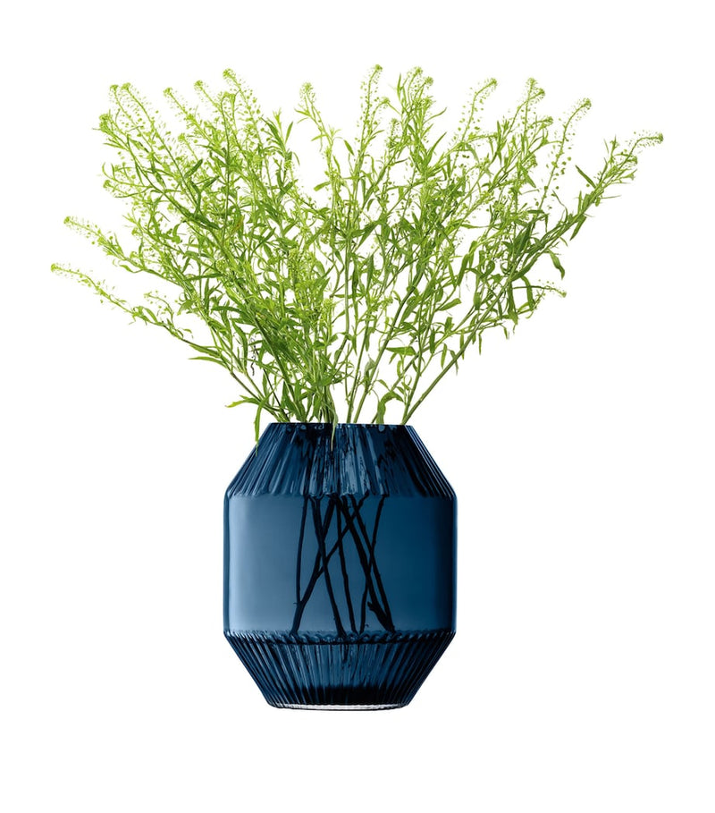 LSA International glass vase with sapphire blue tint and angular lines, 20cm, UK version