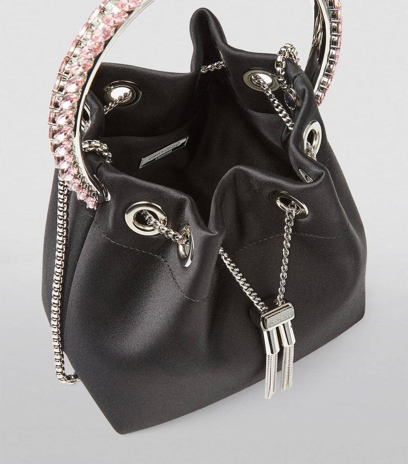 Jimmy Choo Bon Bon satin top-handle bag with crystal handle, imported from the UK