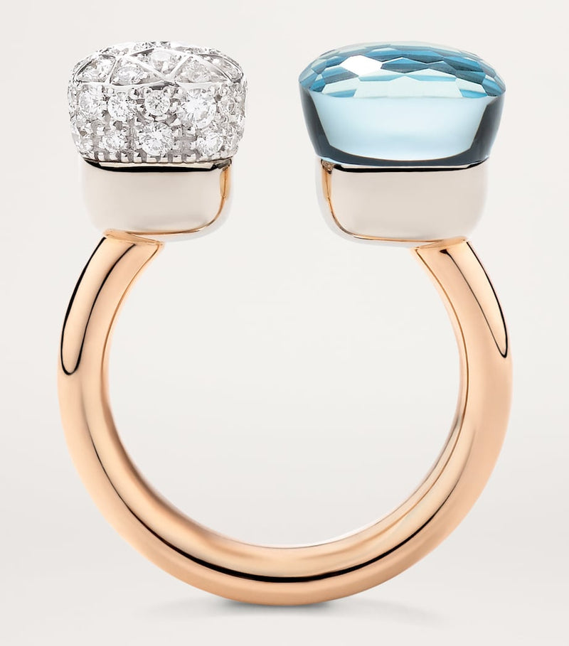 Pomellato mixed gold diamond topaz Nudo ring, imported from the UK