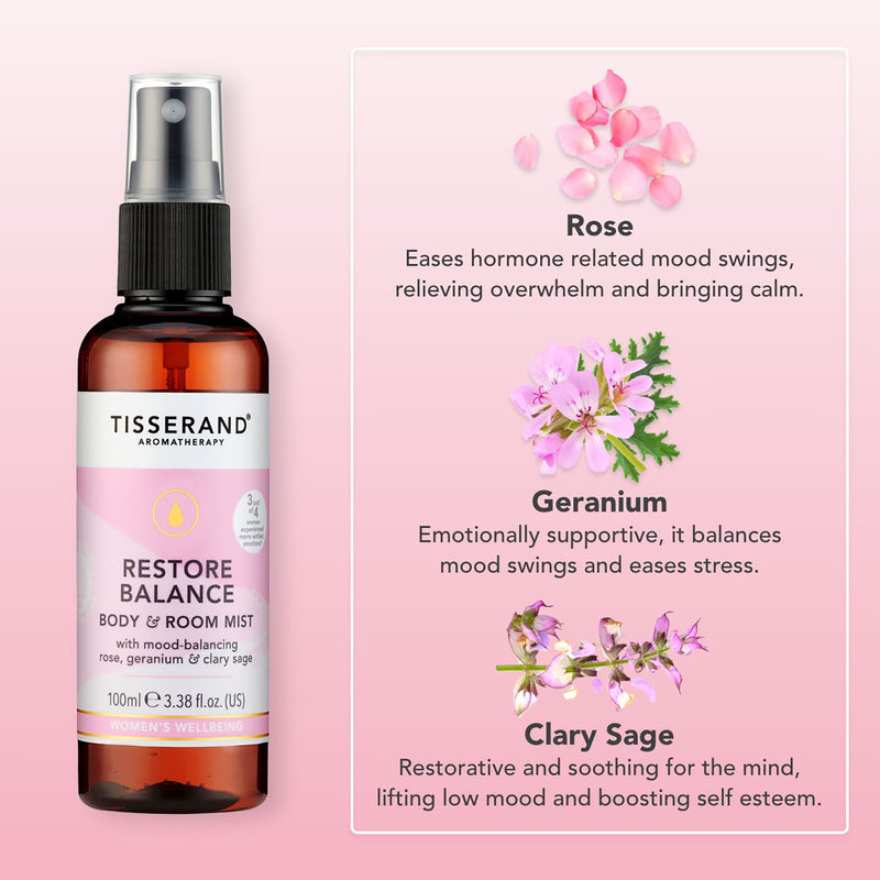 Tisserand Restore Balance Body & Room Mist 100ml, imported from the UK