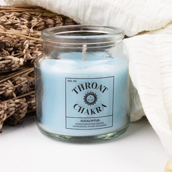 Myga Throat Chakra Eucalyptus Soy Candle 250g, imported from the UK