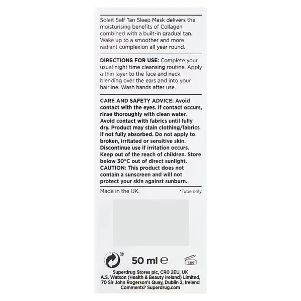 Solait Overnight Tan Mask Gradual 50ml (British brand)
