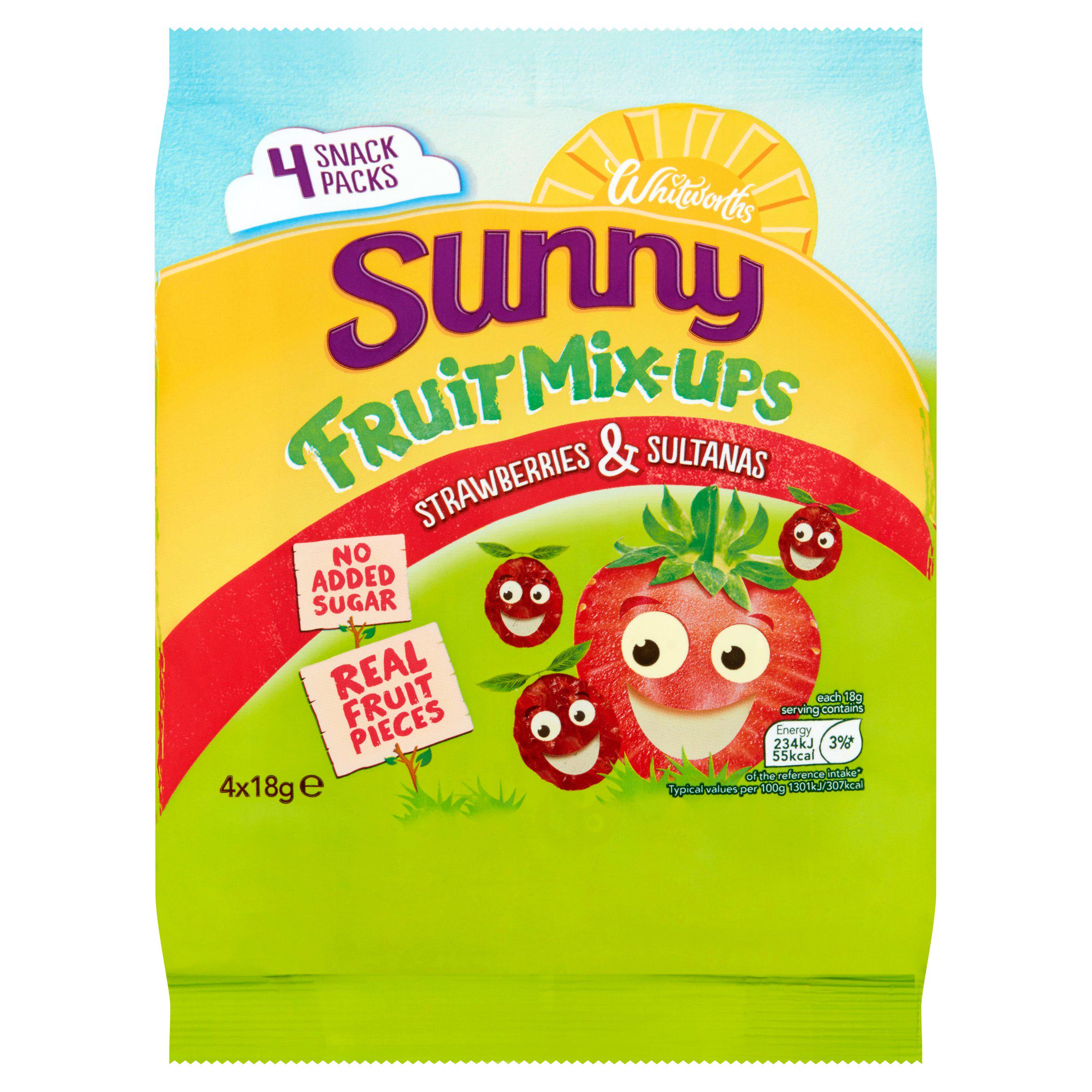 Whitworths Sunny Fruit Mix-Ups Strawberries & Sultanas 4x18g Snacking fruit & seeds Sainsburys