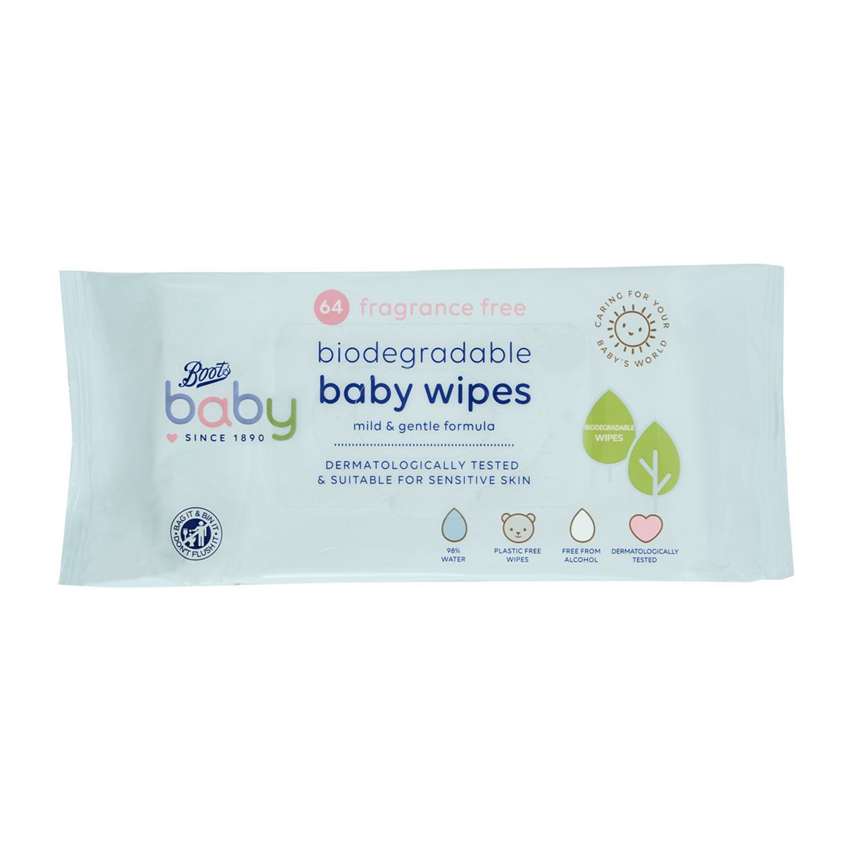 Boots Baby Fragrance Free Biodegradable soft baby wipes, single pack = 64 wipes - McGrocer