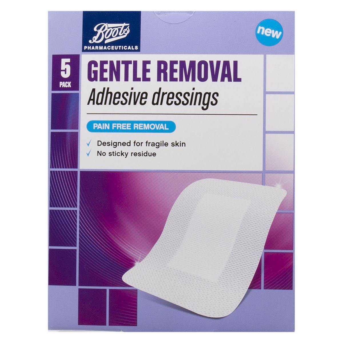 Boots Pharmaceuticals Gentle Removal Adhesive Dressings - 5 pack of 8.3cm x 6xm. - McGrocer