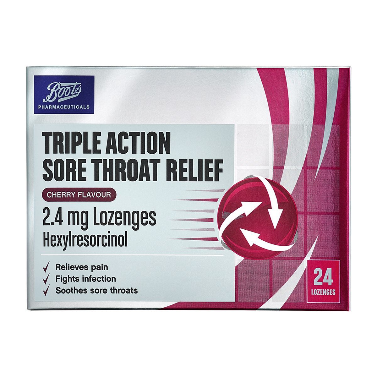 Boots Triple Action Sore Throat Relief 2.4 mg Lozenges - Cherry Flavour - 24 Lozenges - McGrocer