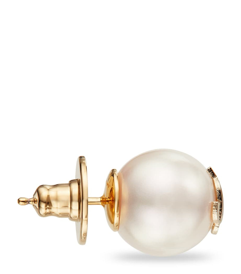 Jimmy Choo stud earrings with faux pearls and gold-tone JC logo (British brand)