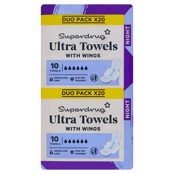 Superdrug Night Ultra Towel Wings x20 (British brand)
