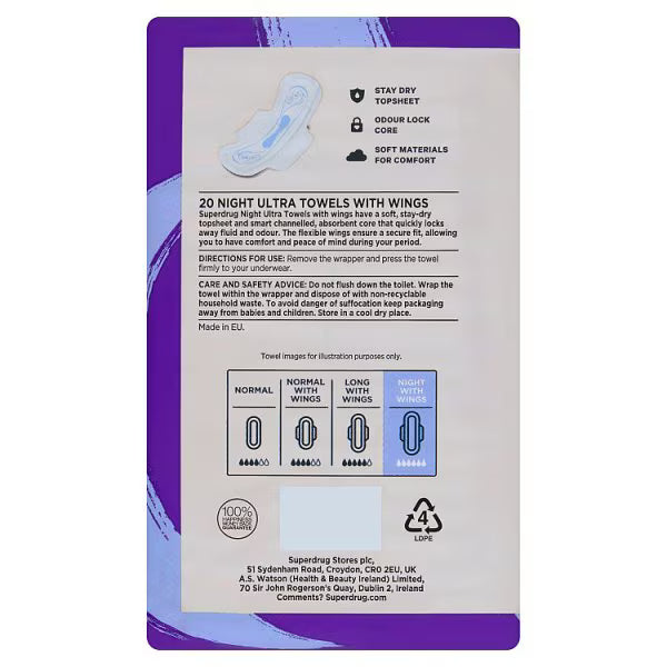 Superdrug Night Ultra Towel Wings x20 (British brand)