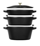 Staub 3-piece round stackable cast iron cocotte set with 1.9L, 2.9L, and 4L capacities (British brand)