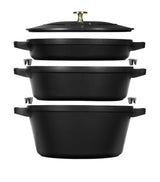Harrods 3-Piece Round Stackable Cast Iron Cocotte Set with 1.9L, 2.9L, and 4L Capacities- Buy online at McGrocer